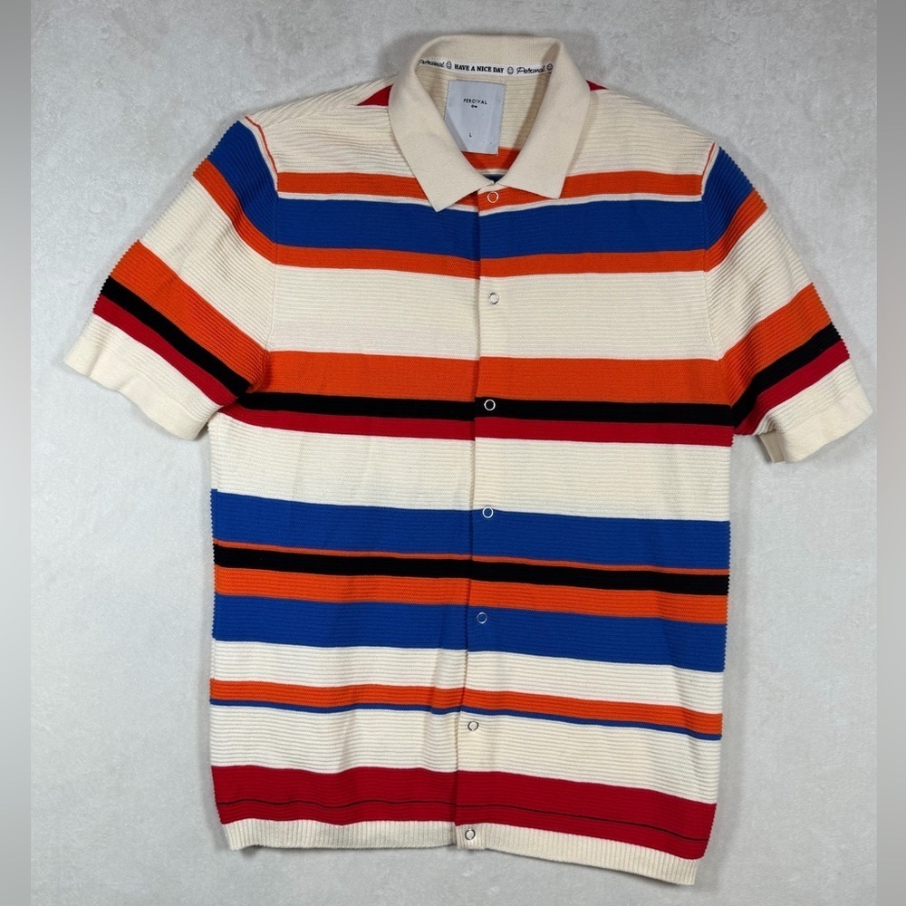 Men's Striped Knit Polo Shirt - Cream, Blue & Orange